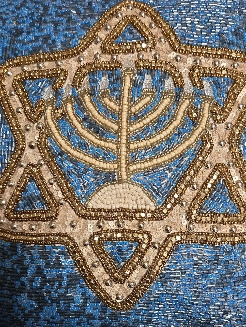 Beaded Blue Menorah & Star Holiday Throw Pillow By Tahari 12.5 x 12.5 Inches